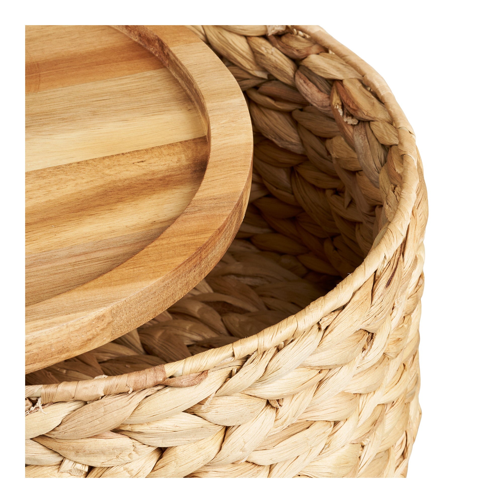 Botofte Baskets - Manden met houten deksel, waterhyacint, naturel, set van 3
