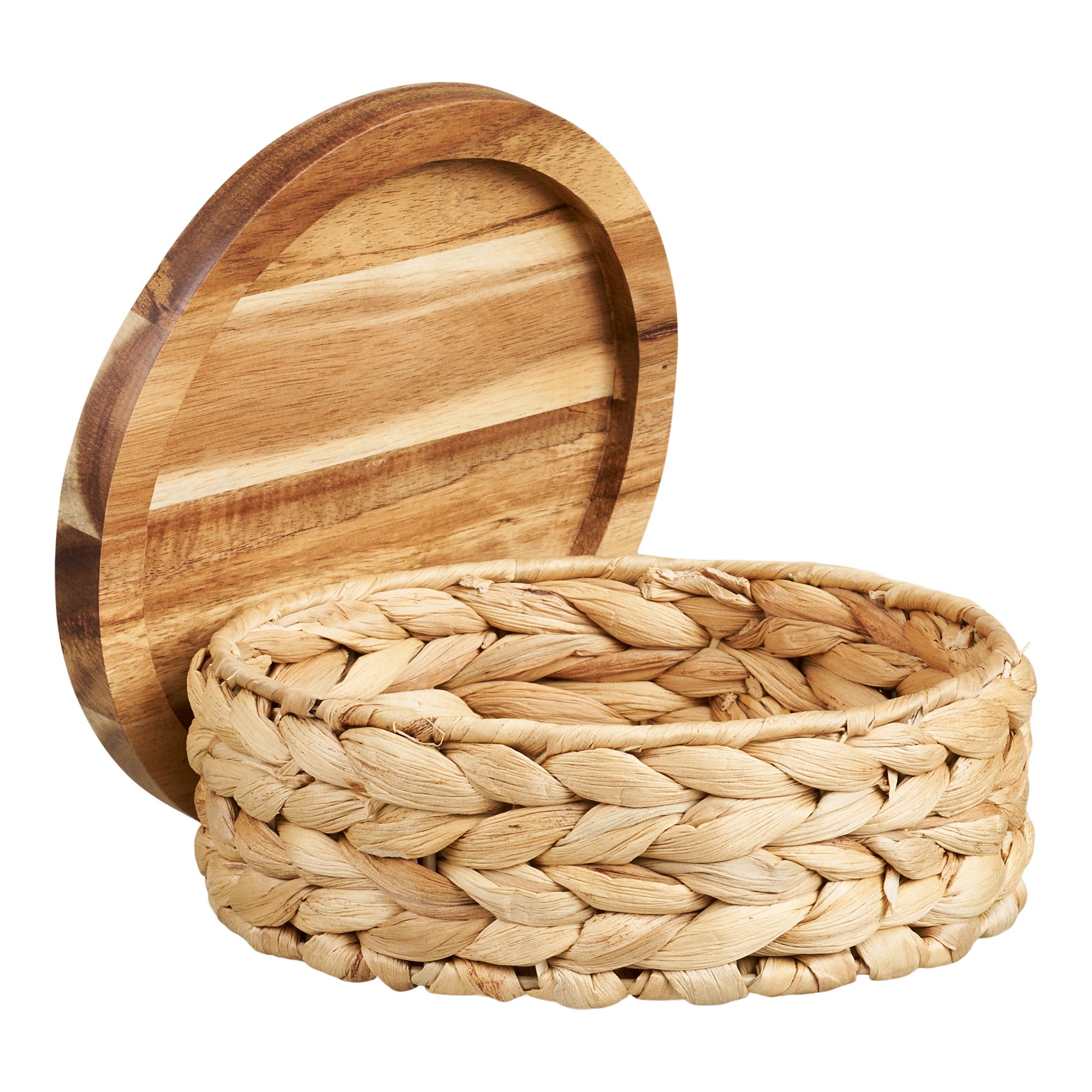 Botofte Baskets - Manden met houten deksel, waterhyacint, naturel, set van 3