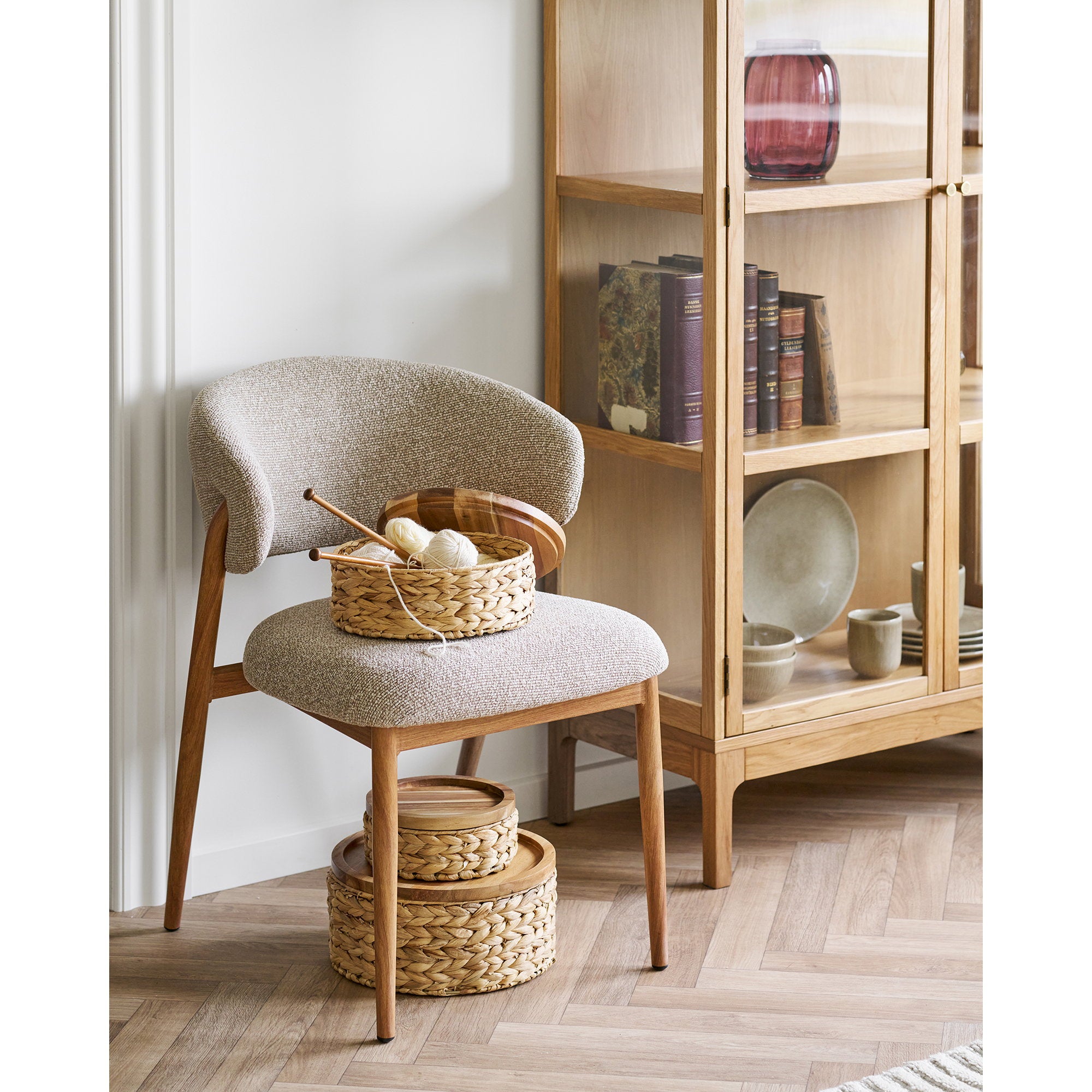 Botofte Baskets - Manden met houten deksel, waterhyacint, naturel, set van 3