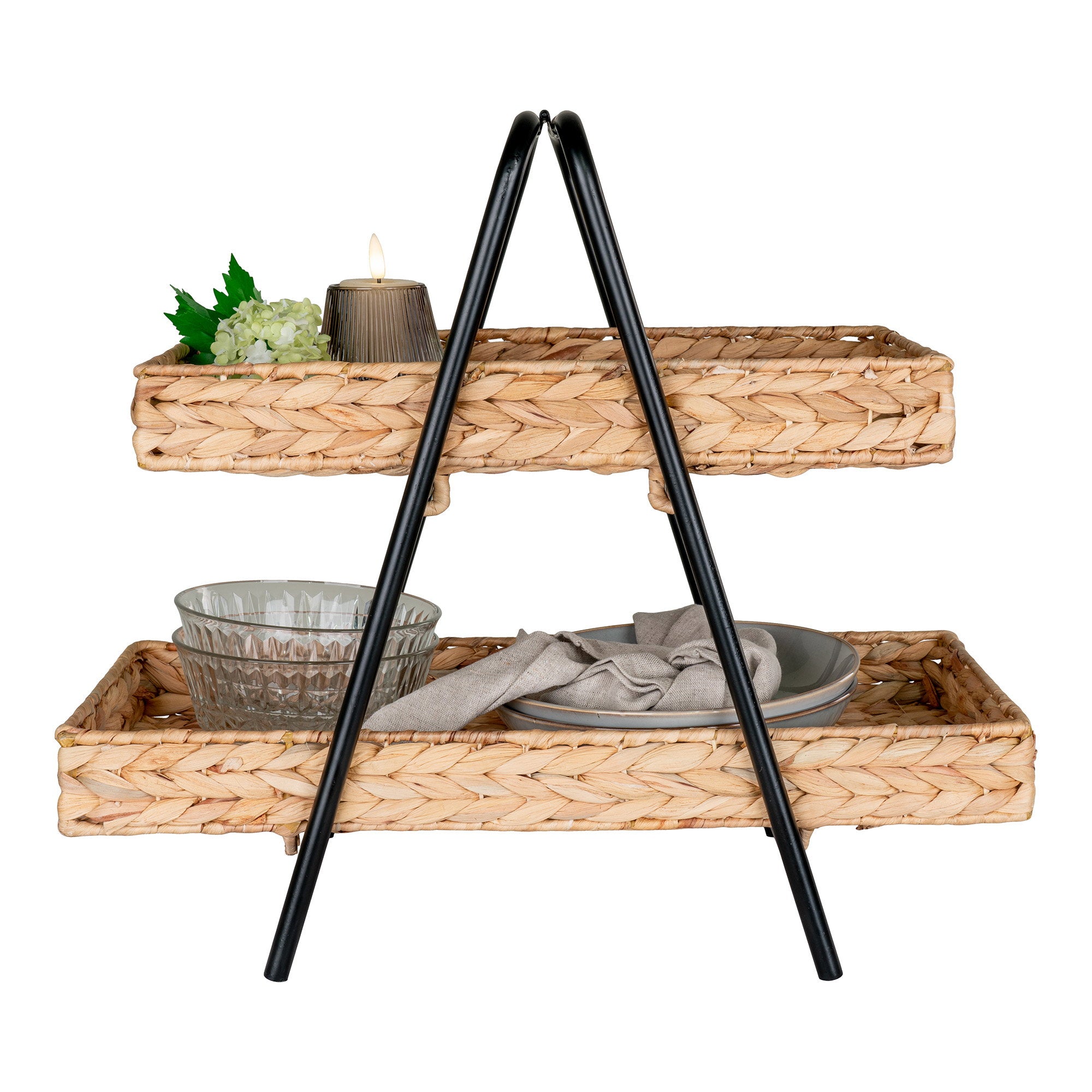 Alfaro Tray - Dienblad, waterhyacint/metaal, zwart/naturel 42x23x43,5 cm