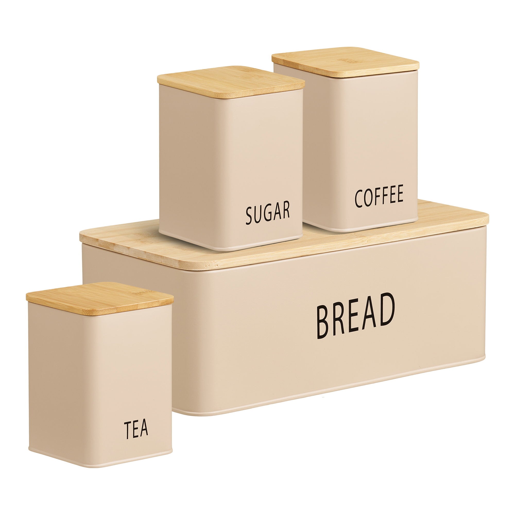 Tula brooddoos - brooddoos met 3 blikken, metaal/bamboe, beige, set van 4