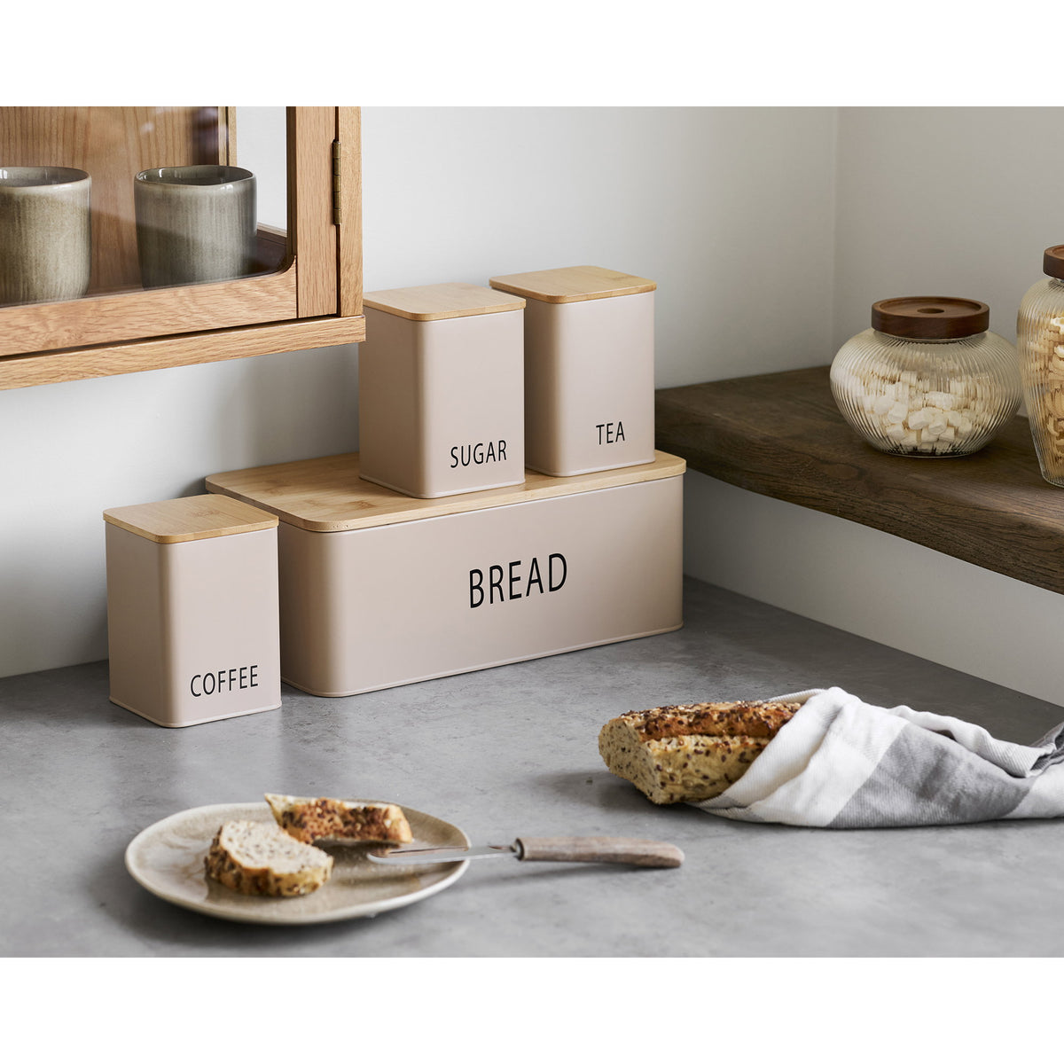 Tula brooddoos - brooddoos met 3 blikken, metaal/bamboe, beige, set van 4