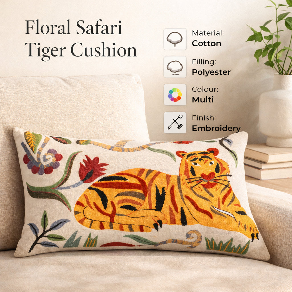 Katoenen kussen met bloemige safari-tijger 35 x 60 cm