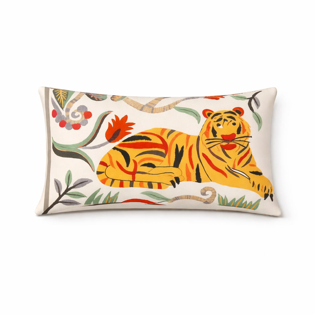 Katoenen kussen met bloemige safari-tijger 35 x 60 cm