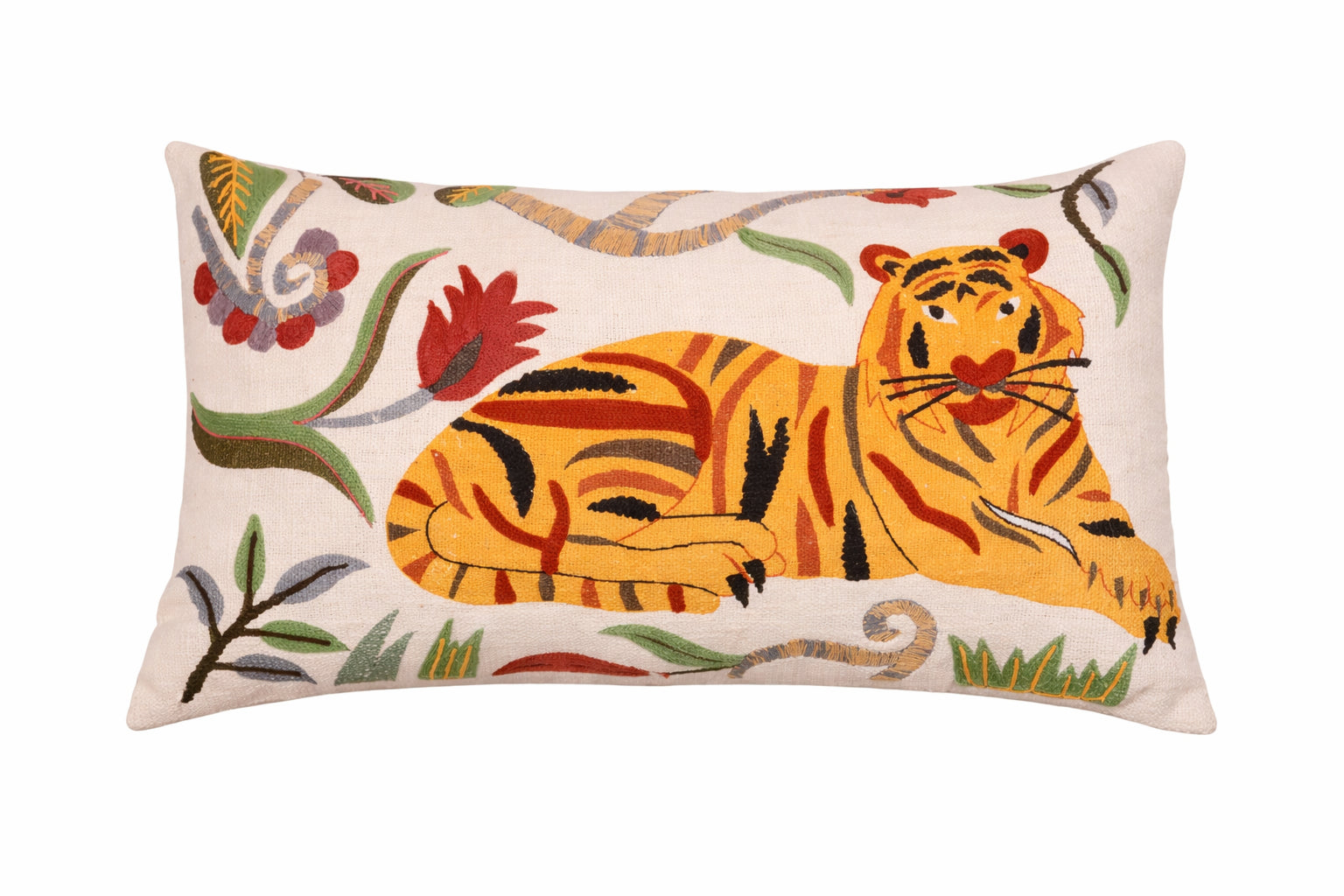 Katoenen kussen met bloemige safari-tijger 35 x 60 cm