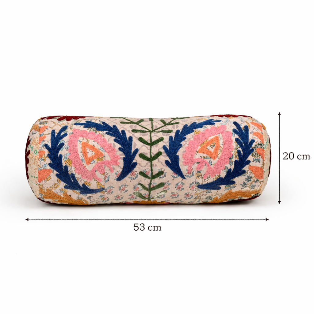 Geborduurd katoenen rolkussen met bloemenmotief, multicolor, 53 x 20 cm
