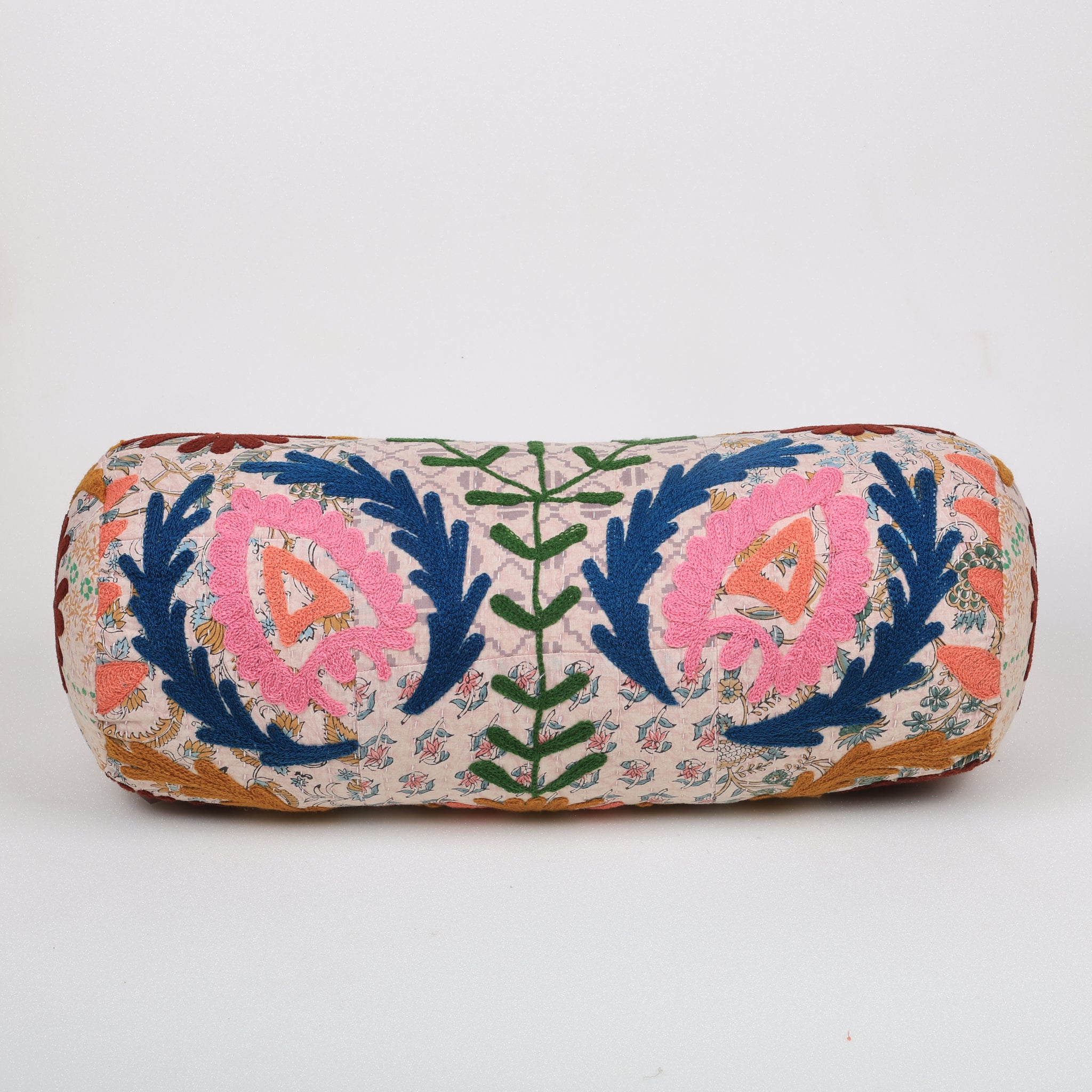Geborduurd katoenen rolkussen met bloemenmotief, multicolor, 53 x 20 cm