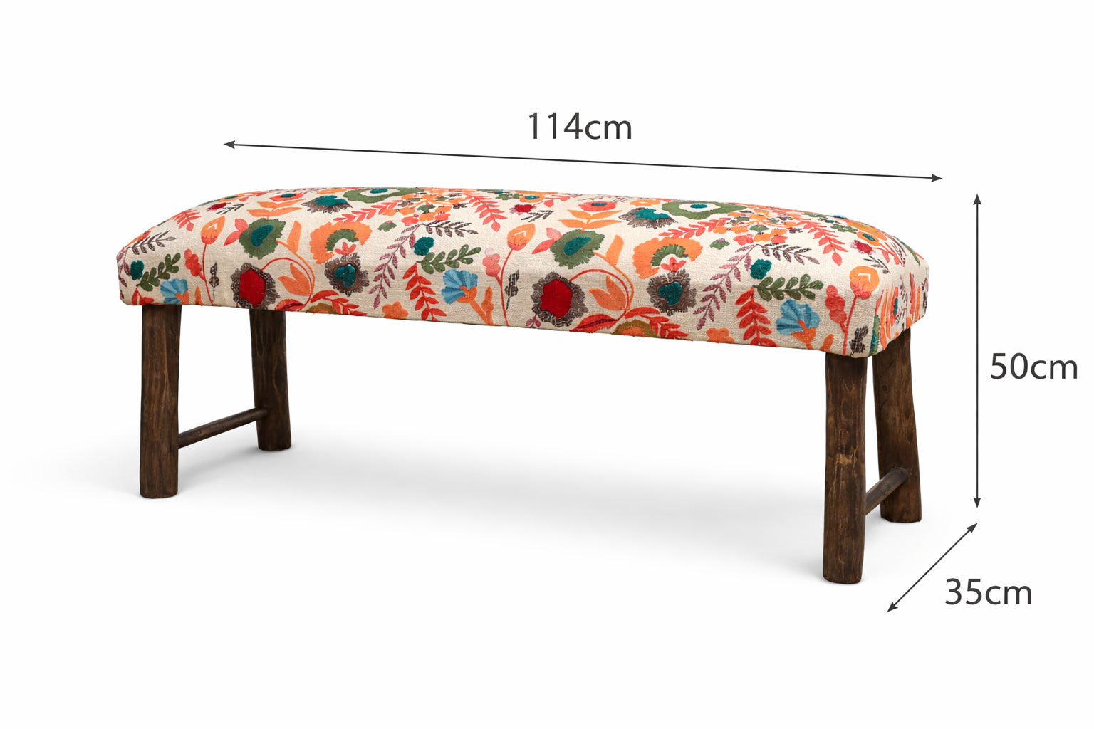 Gestoffeerd bankje van katoen met bloemenprint en houten poten, 114 cm