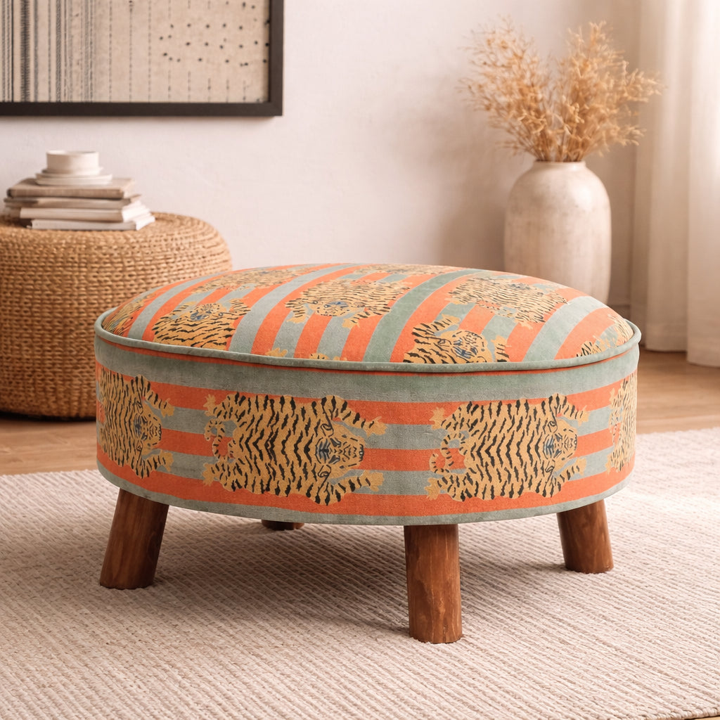 Ronde katoenen poef met houten poten - tijgerprint - 60 cm