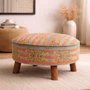 Ronde katoenen poef met houten poten - tijgerprint - 60 cm