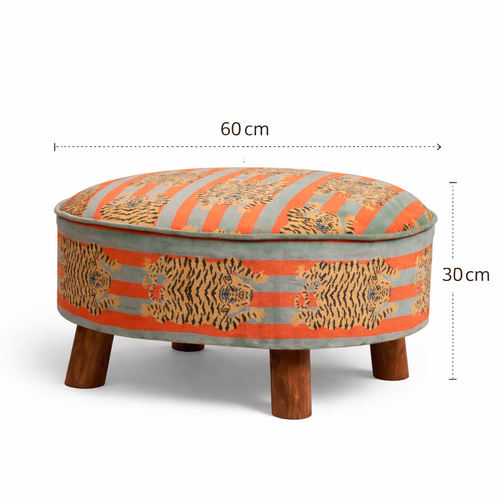 Ronde katoenen poef met houten poten - tijgerprint - 60 cm
