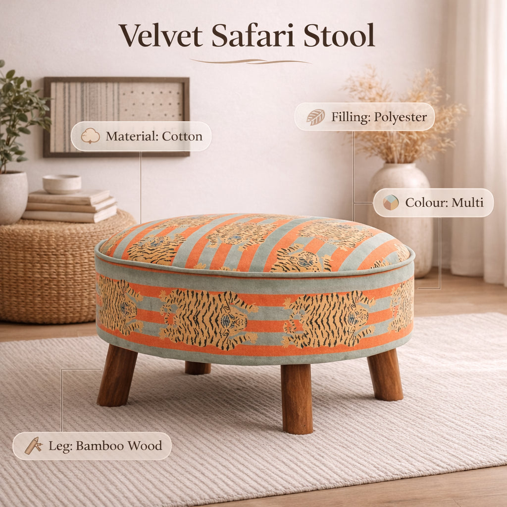 Ronde katoenen poef met houten poten - tijgerprint - 60 cm