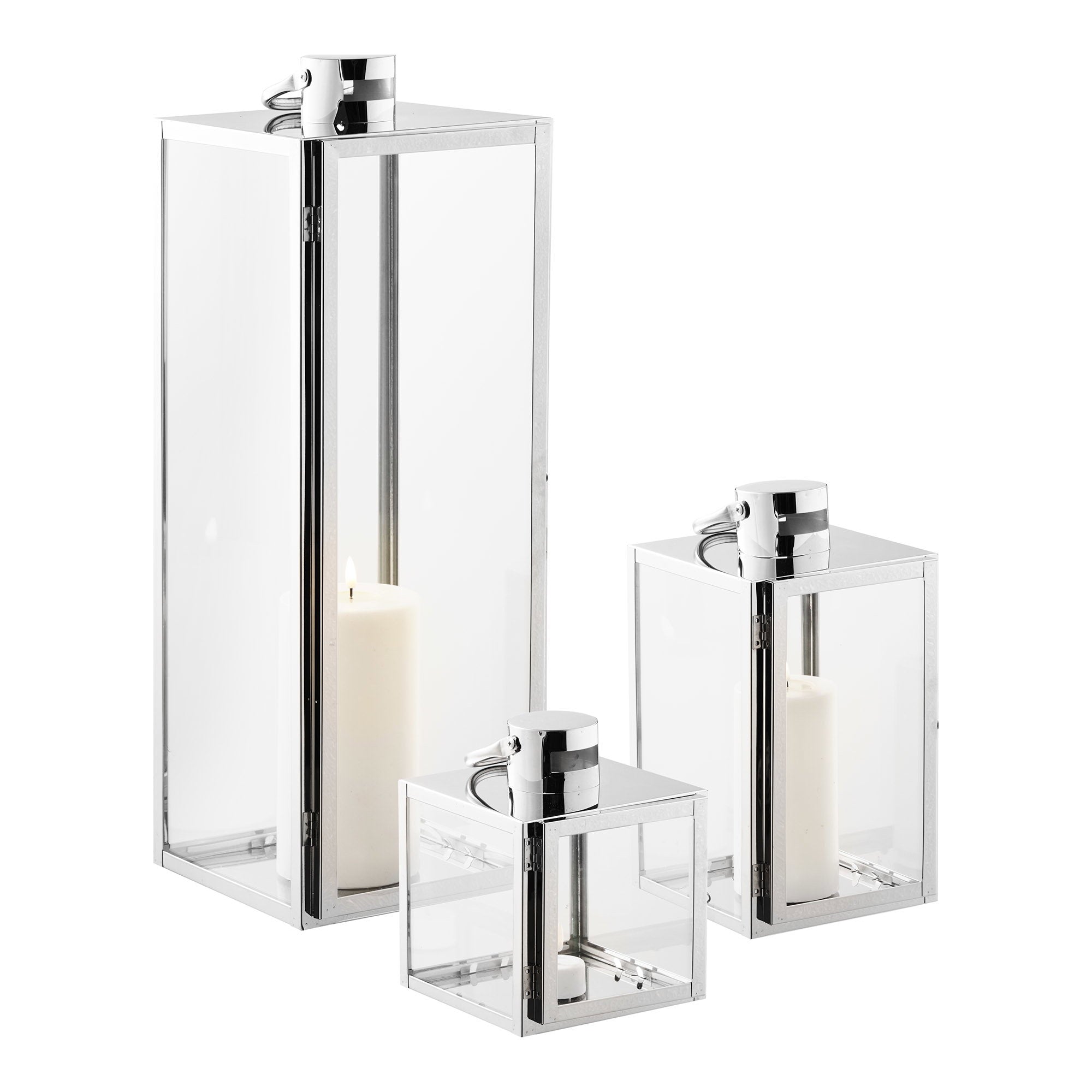 Pota Lanterns - lantaarns, glas/metaal, zilverlook, set van 3