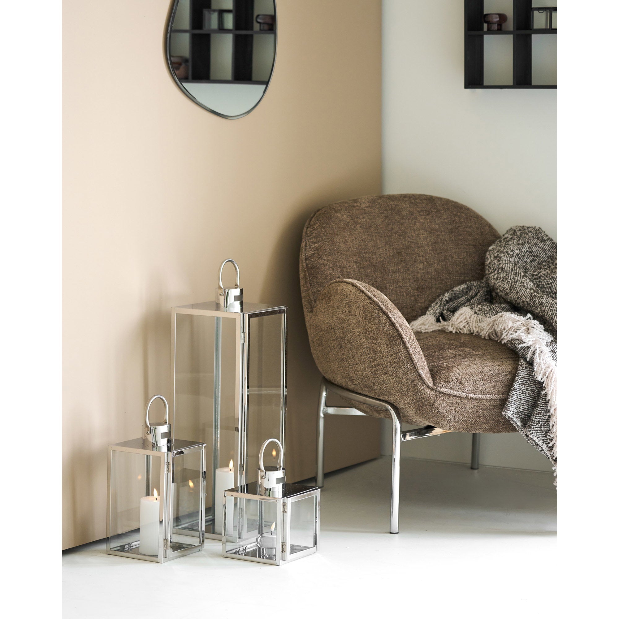 Pota Lanterns - lantaarns, glas/metaal, zilverlook, set van 3