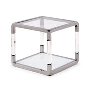 Jasper bijzettafel in acryl, wit glas en gepolijst roestvrij staal