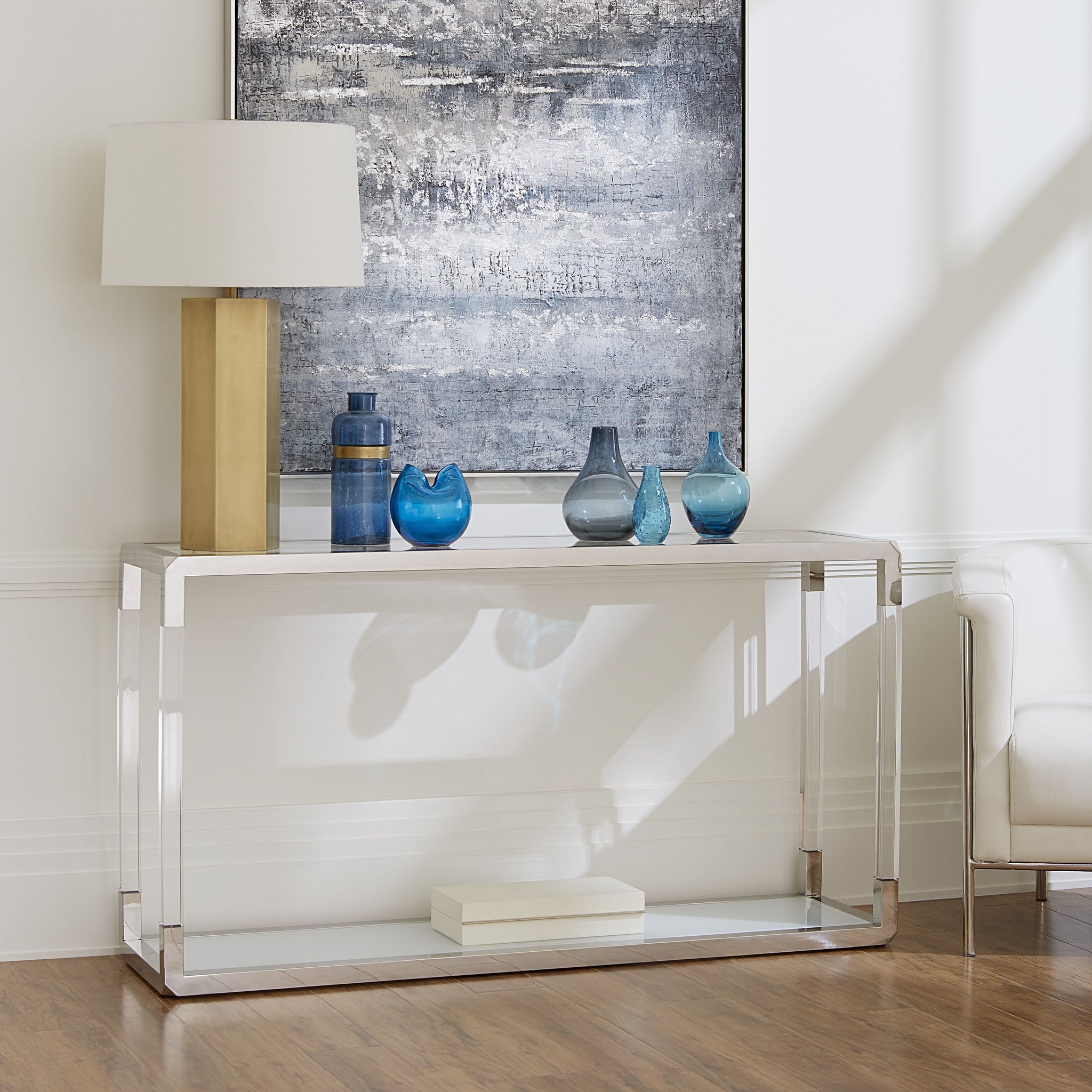 Jasper wandtafel van acryl, wit glas en gepolijst roestvrij staal