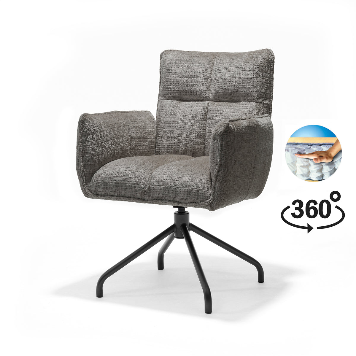 Eetkamerstoel Nova armstoel stof Cremona #93 donkergrijs - 360° draaibaar, zwart frame P14