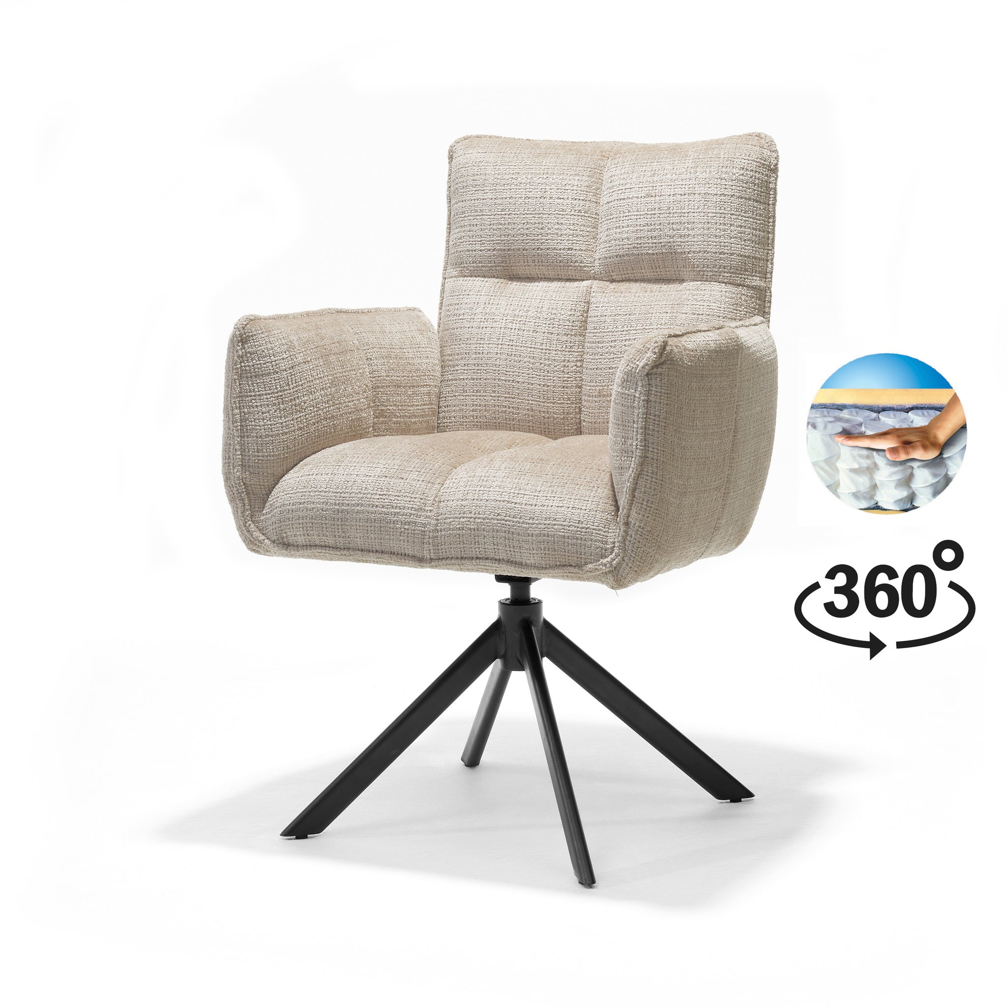 Eetkamerstoel Nova armstoel stof Cremona #02 ecru - 360° draaibaar, zwart frame A360