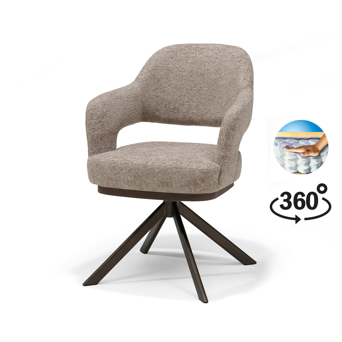 Eetkamerstoel Colorado armstoel Stof Bear nr. 19 Zand - 360° draaibaar frame geanodiseerd bruin