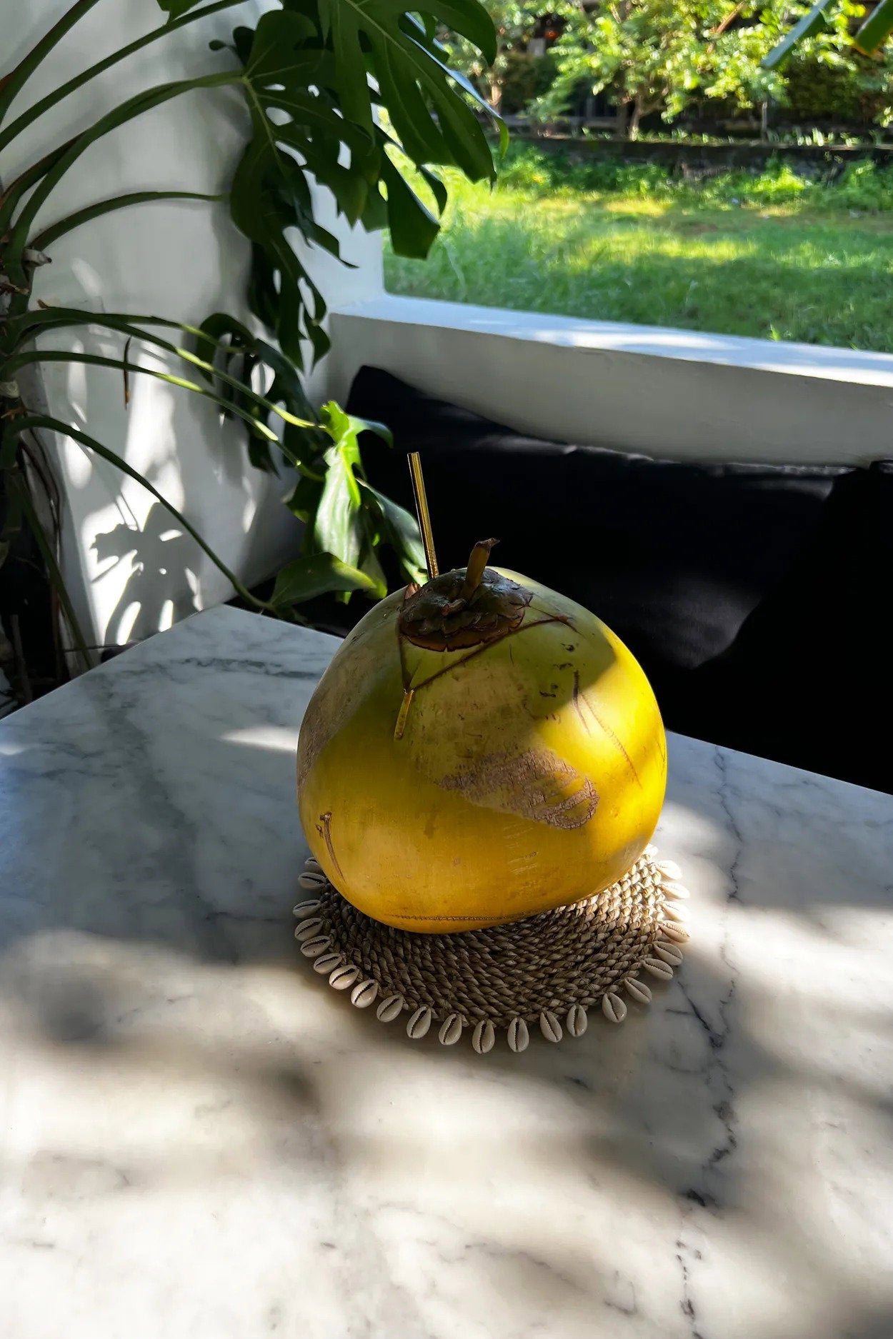De pannenonderzetter van zeegras in schelpvorm - naturel