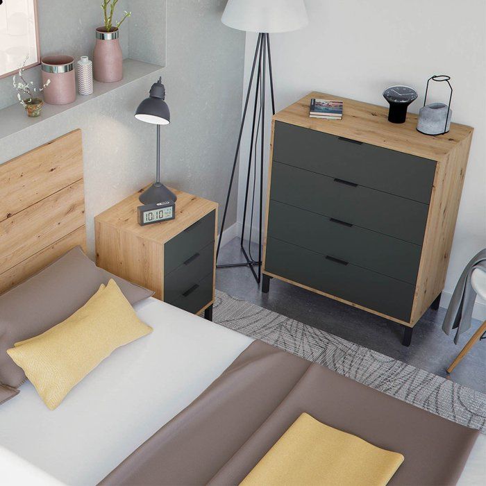 CALICOSY - Ladekast met 4 laden met noestige eik en antracietgrijs decor - L77,5 cm - Licht hout