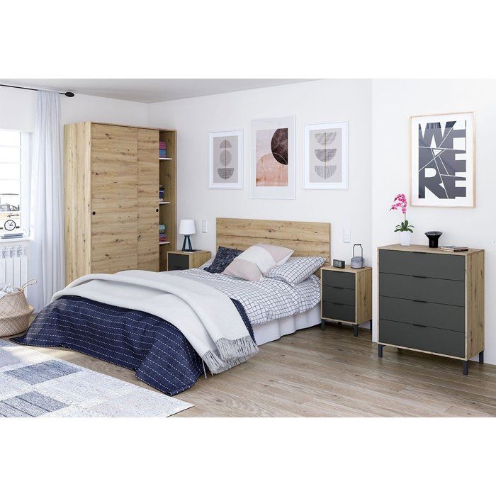 CALICOSY - Ladekast met 4 laden met noestige eik en antracietgrijs decor - L77,5 cm - Licht hout