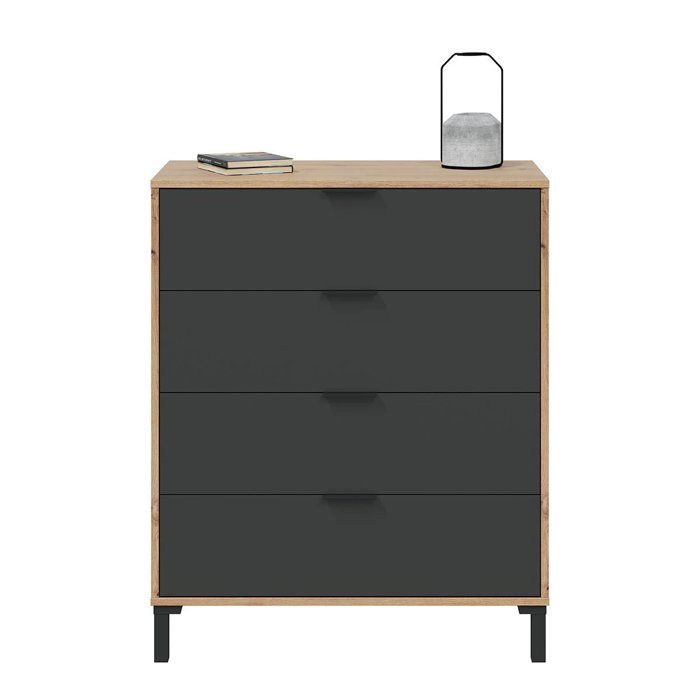 CALICOSY - Ladekast met 4 laden met noestige eik en antracietgrijs decor - L77,5 cm - Licht hout