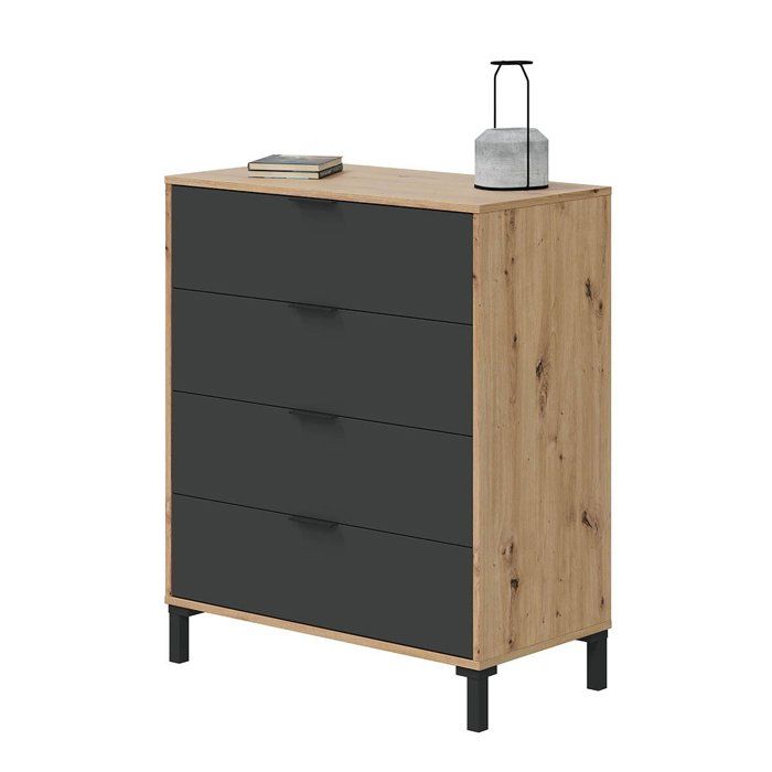 CALICOSY - Ladekast met 4 laden met noestige eik en antracietgrijs decor - L77,5 cm - Licht hout