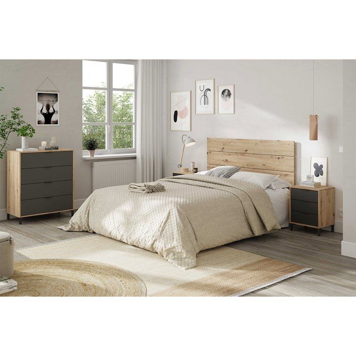 CALICOSY - Ladekast met 4 laden met noestige eik en antracietgrijs decor - L77,5 cm - Licht hout