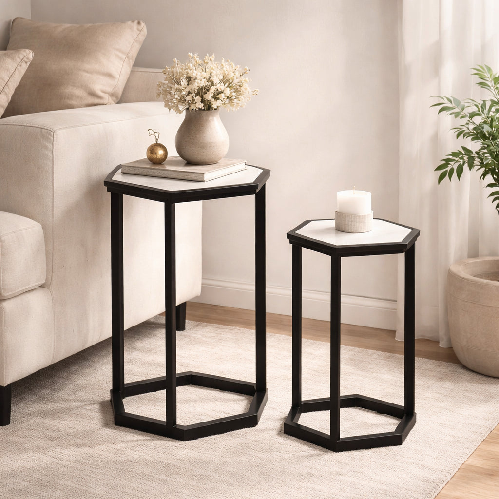 Hexagonaal marmeren tafels, kleine set van 2
