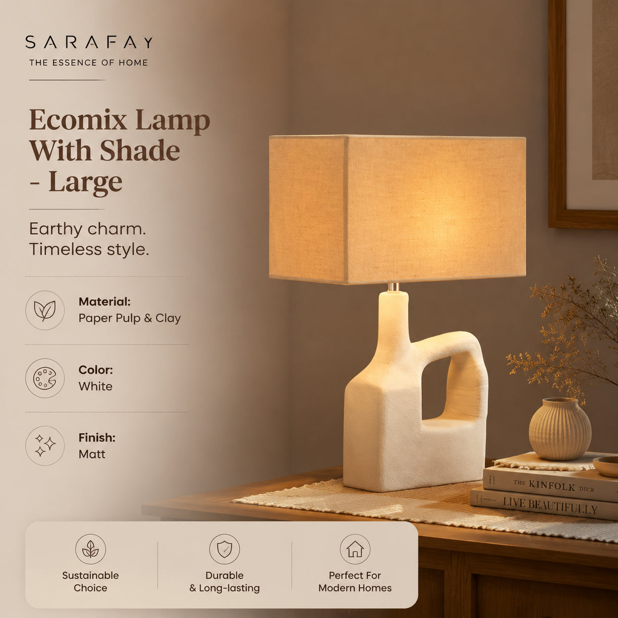 Sarafay Grote Handgemaakte Ecomix Tafellamp met Kap | Duurzame Boho Moderne Bureaulamp voor Woonkamer, Slaapkamer