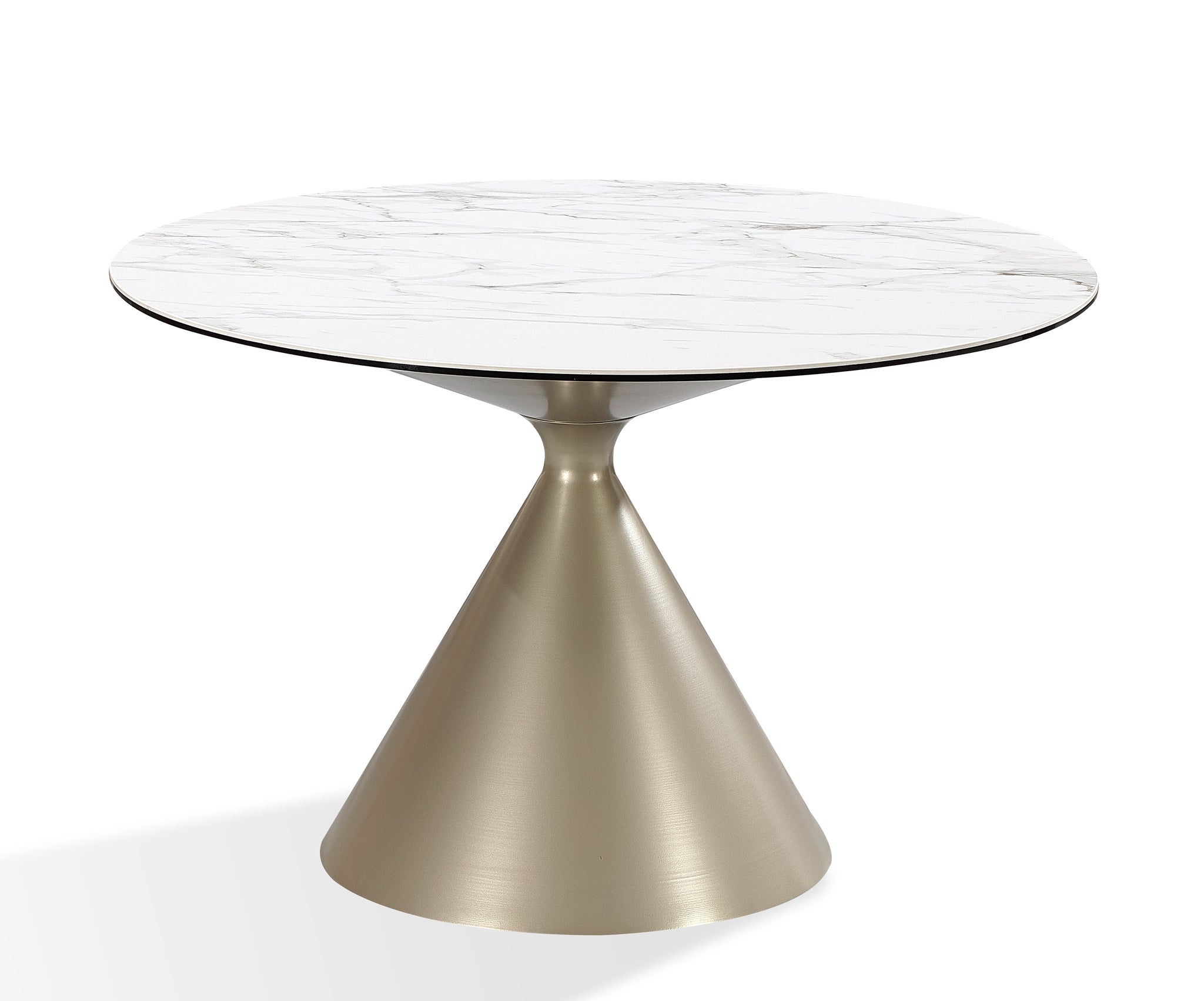 Winston ronde eettafel met stenen blad en metalen onderstel in havermelk en champagne