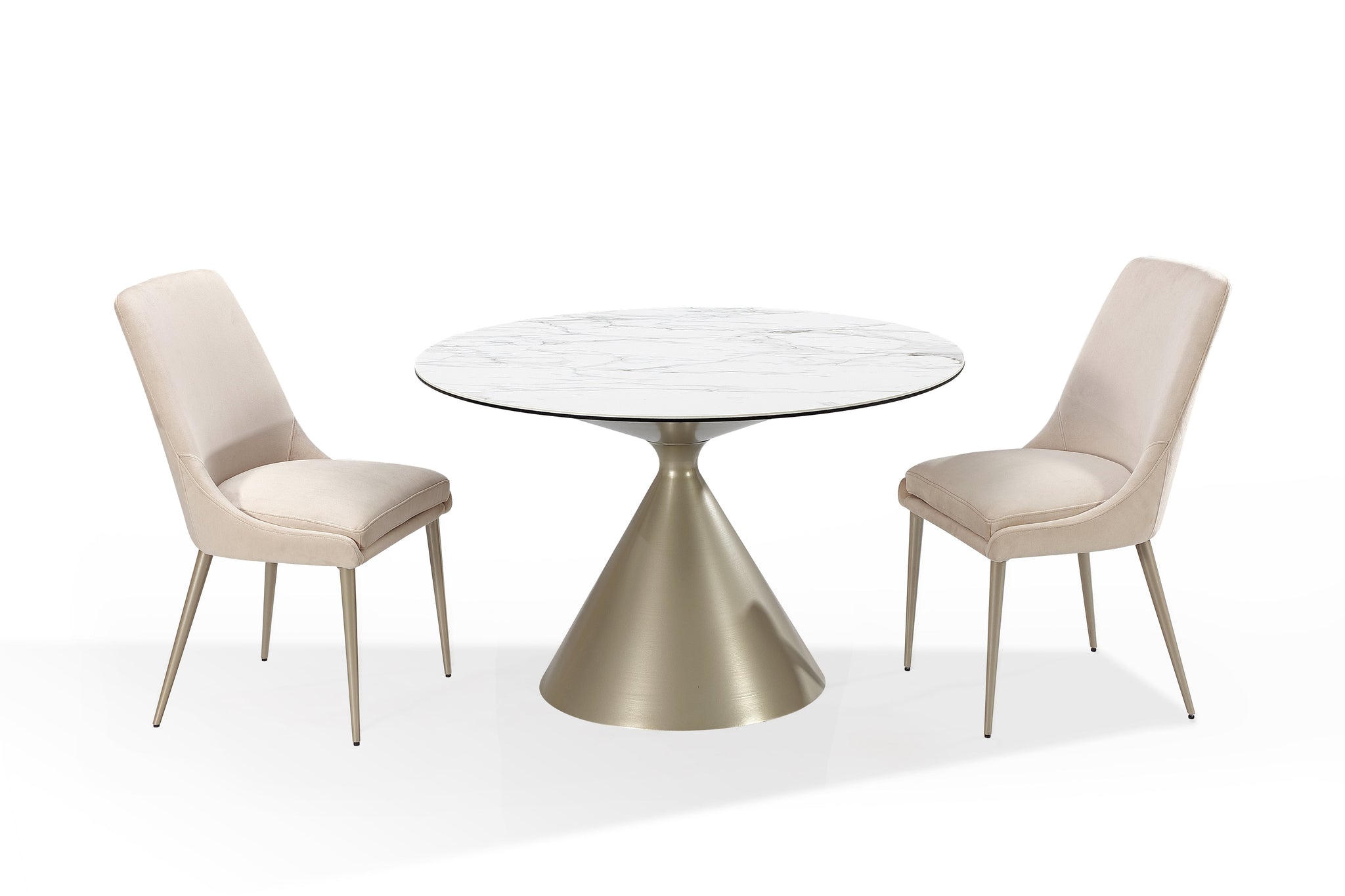 Winston ronde eettafel met stenen blad en metalen onderstel in havermelk en champagne