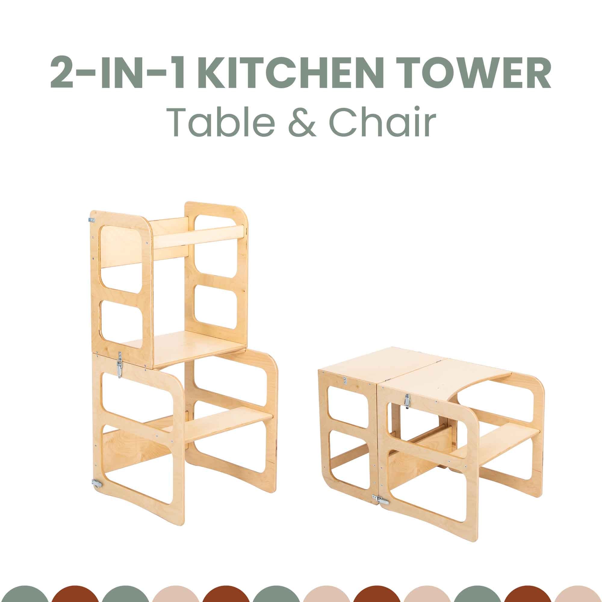2-in-1 transformeerbare keukentoren - tafel- en stoelset
