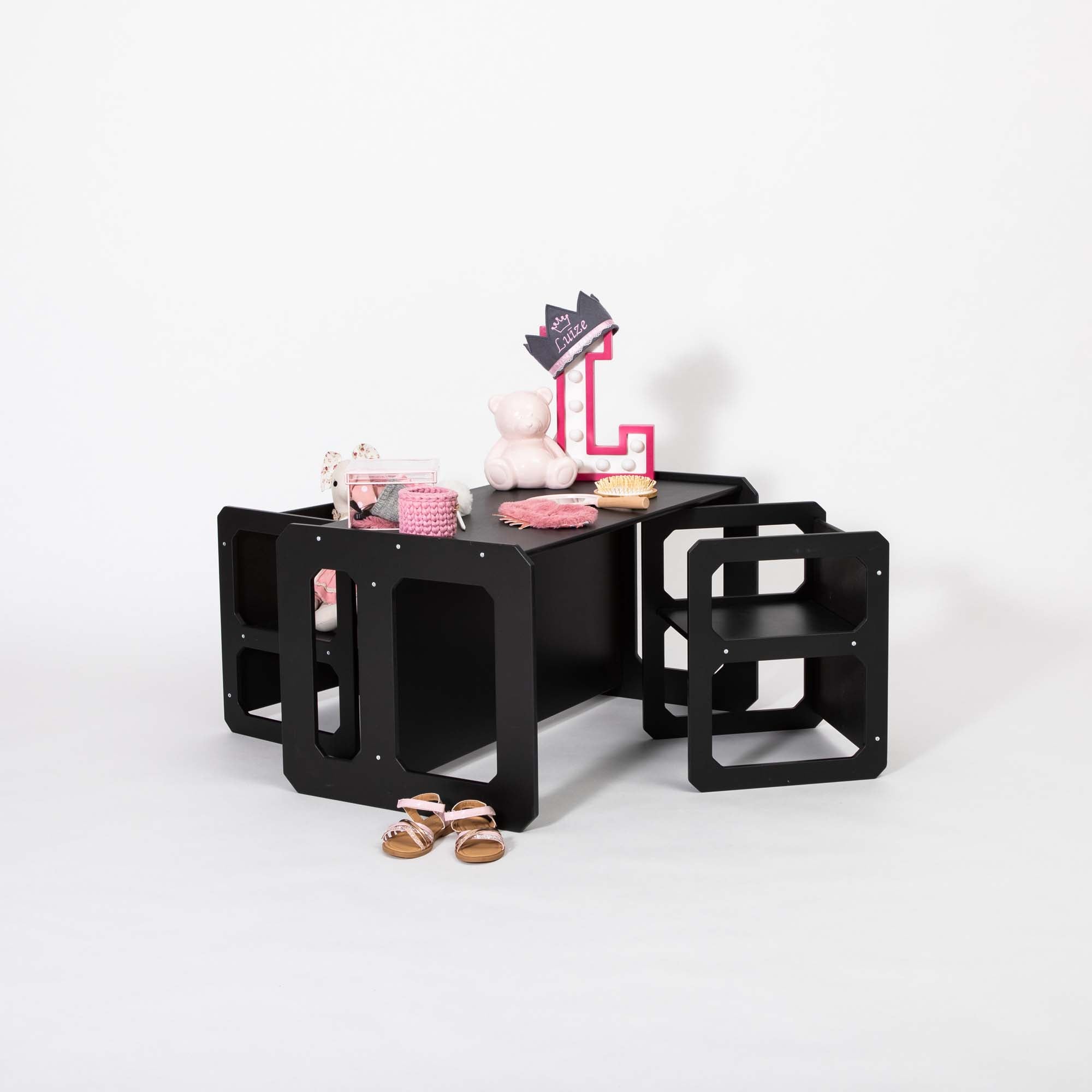 Montessori speeltafel, kindertafel, zwart, met 2 stoelen