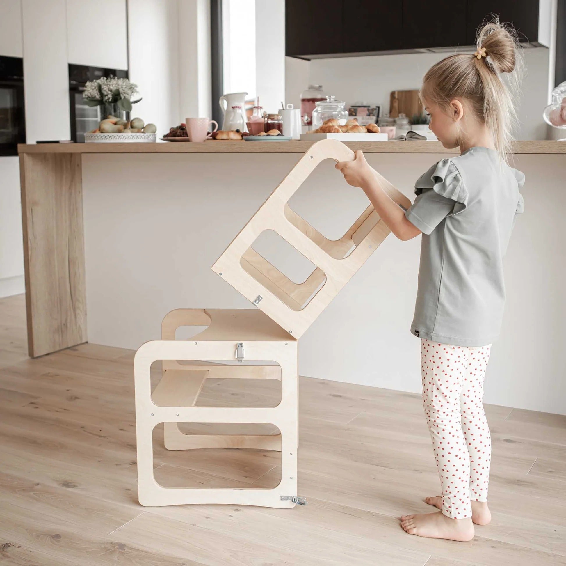 2-in-1 transformeerbare keukentoren - tafel- en stoelset - naturel hout