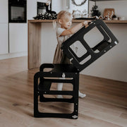 2-in-1 transformeerbare keukentoren - tafel- en stoelset - zwart hout