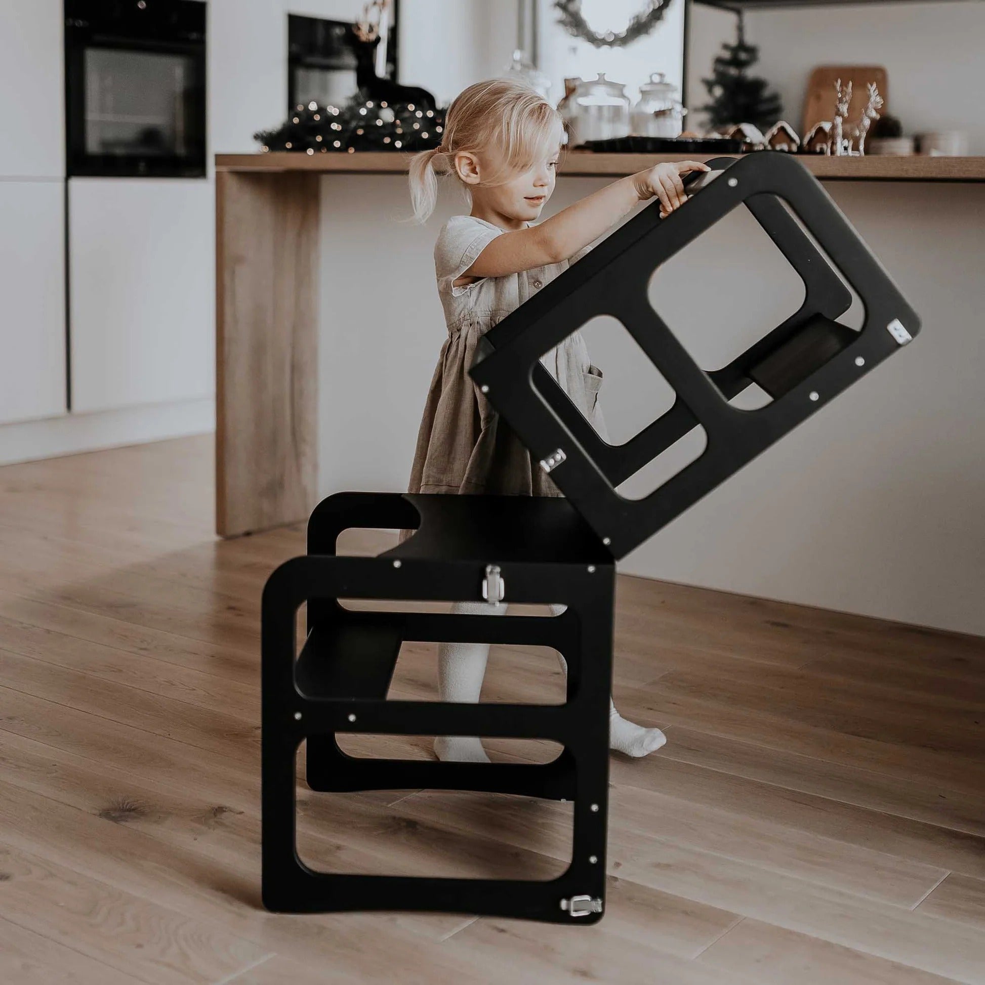 2-in-1 transformeerbare keukentoren - tafel- en stoelset - zwart hout