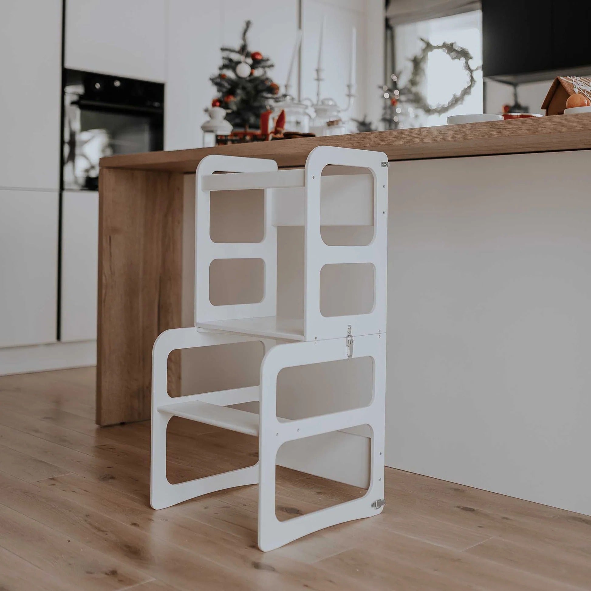 2-in-1 transformeerbare keukentoren - tafel- en stoelset - wit hout