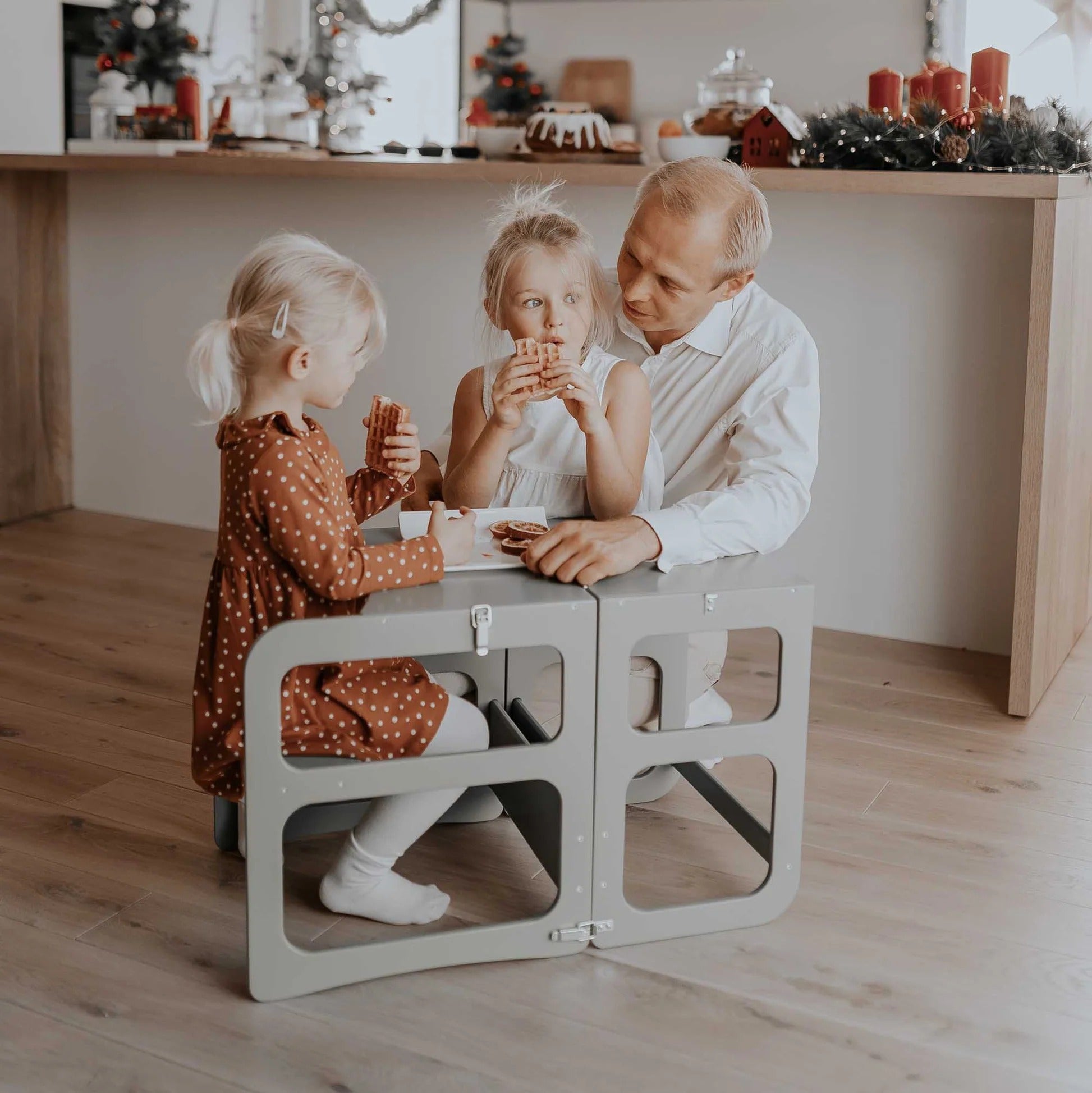 2-in-1 transformeerbare keukentoren - tafel- en stoelset - grijs hout