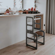 2-in-1 transformeerbare keukentoren - tafel- en stoelset - grijs hout