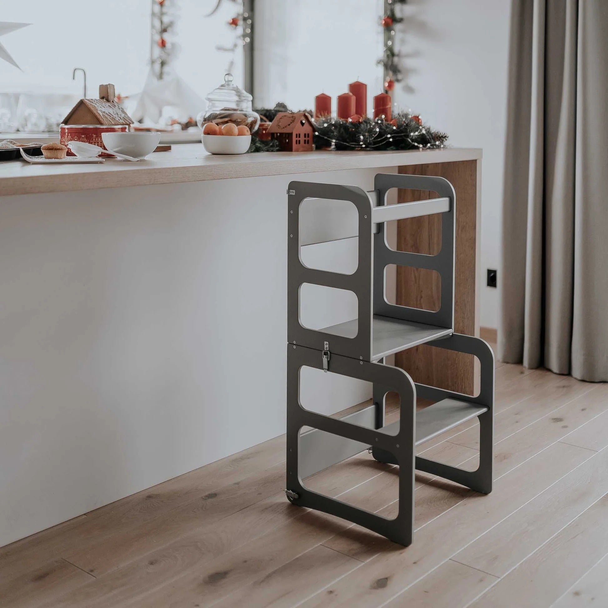 2-in-1 transformeerbare keukentoren - tafel- en stoelset - grijs hout