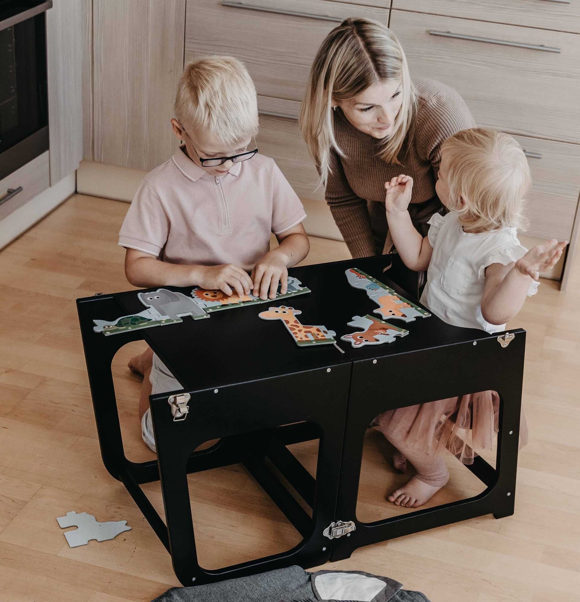 2-in-1 omvormbare keukentoren - tafel en stoel - naturel hout